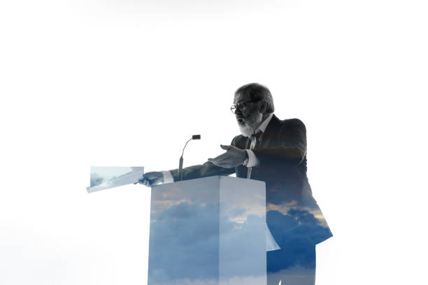 istock Speaker, coach or chairman during politician speech on white background 1190587434