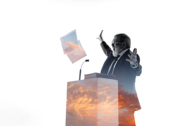 istock Speaker, coach or chairman during politician speech on white background 1190587435