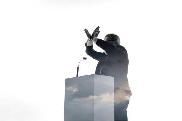 istock Speaker, coach or chairman during politician speech on white background 1190587437