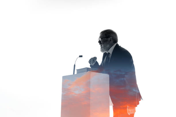 istock Speaker, coach or chairman during politician speech on white background 1190587443