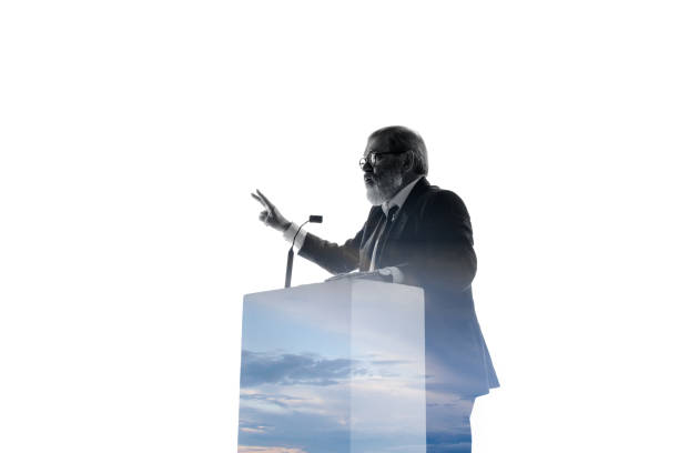 istock Speaker, coach or chairman during politician speech on white background 1190587448