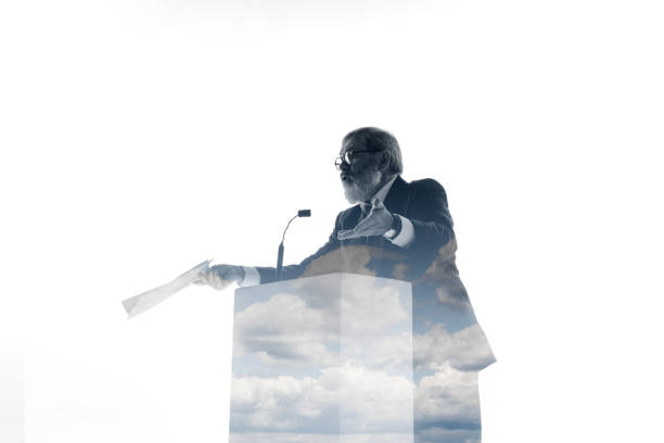 istock Speaker, coach or chairman during politician speech on white background 1190587449