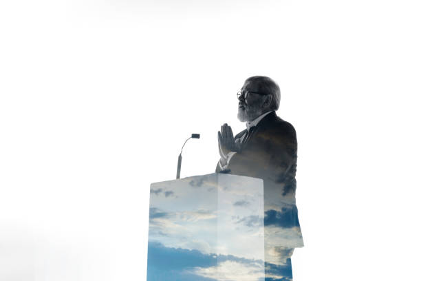 istock Speaker, coach or chairman during politician speech on white background 1190587459