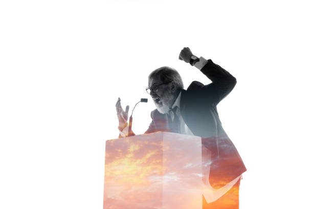 istock Speaker, coach or chairman during politician speech on white background 1190587463