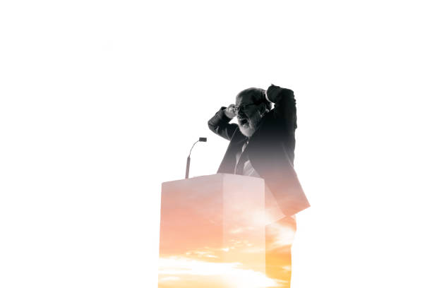 istock Speaker, coach or chairman during politician speech on white background 1190587464