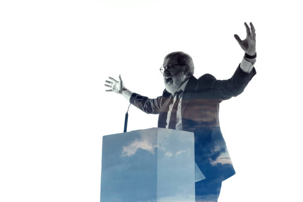 istock Speaker, coach or chairman during politician speech on white background 1190587466