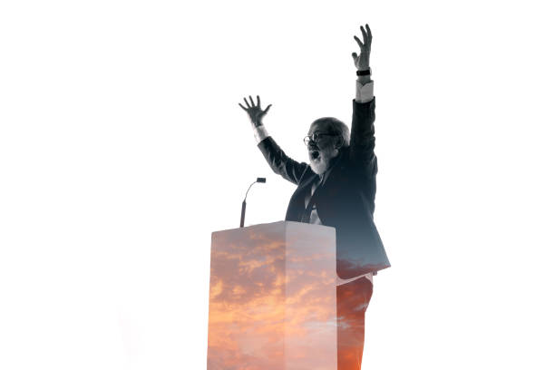 istock Speaker, coach or chairman during politician speech on white background 1190587467