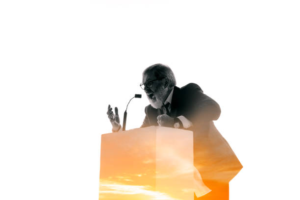 istock Speaker, coach or chairman during politician speech on white background 1190587468
