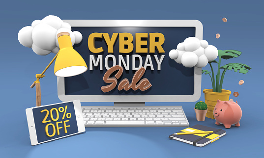 3d illustration with text: Cyber monday sale twenty percent off. Low poly 3D render in cartoon style. Discount concept. Perfect for polygraphy and web design.