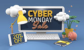 20% Twenty percent off - Cyber monday sale 3D illustration in cartoon style.