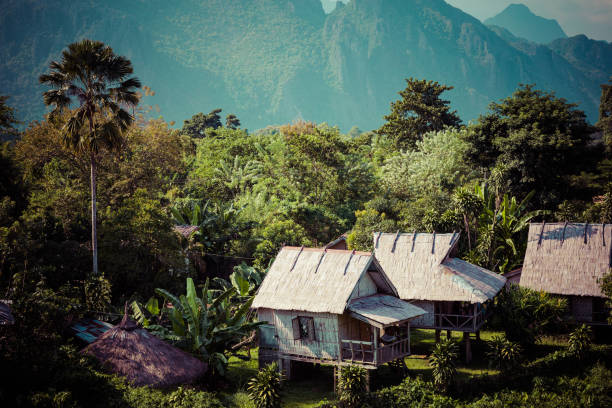 pueblo y montaña en vang vieng, laos - laos hut southeast asia shack fotografías e imágenes de stock