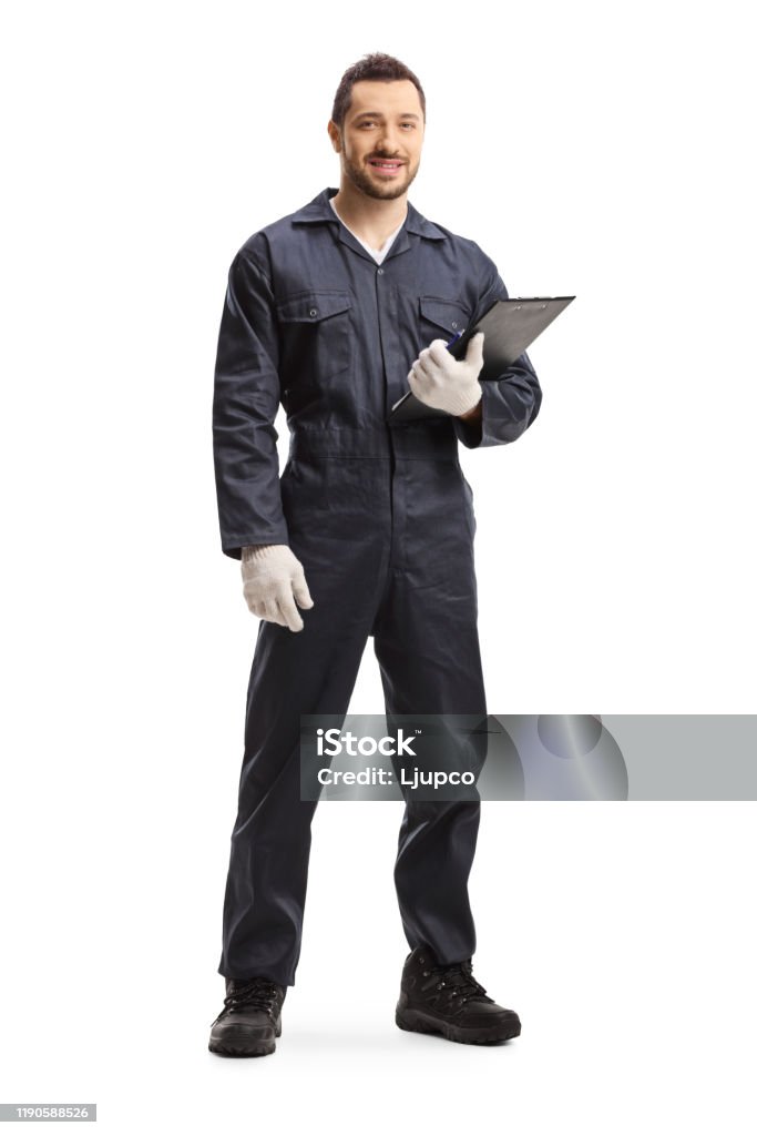 Worker standing and holding a clipboard Full length portrait of a worker standing and holding a clipboard isolated on white background Mechanic Stock Photo