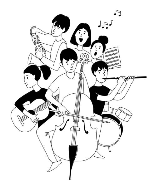 ilustraciones, imágenes clip art, dibujos animados e iconos de stock de escuela de música orquesta concierto estudiantes instrumentos musicales doodles cartel de línea - musical theater child violin musical instrument
