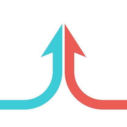 Collaboration, merger, partnership and growth concept. Arrow shaped by two turquoise blue and red parts merging isolated on white. Flat design. Vector illustration, no transparency, no gradients