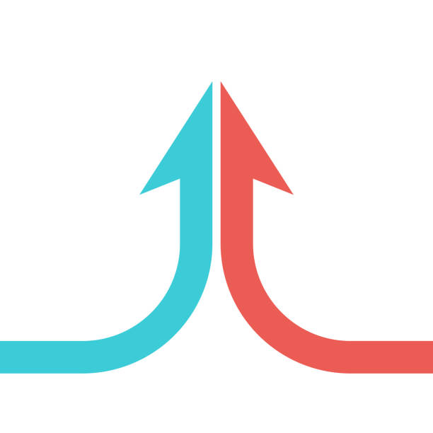 Two parts merging, arrow Collaboration, merger, partnership and growth concept. Arrow shaped by two turquoise blue and red parts merging isolated on white. Flat design. Vector illustration, no transparency, no gradients two objects stock illustrations
