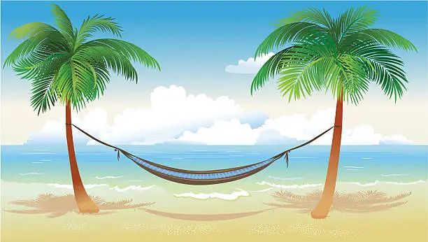 Vector illustration of Hammock and palm trees on beach