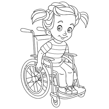 Coloring page of cartoon disabled girl on wheelchair. Coloring book design for kids.