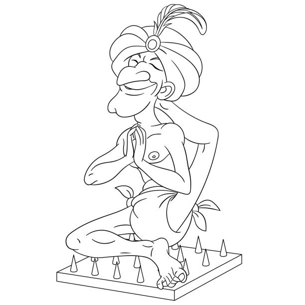 Coloring page of cartoon yoga meditating man Coloring page of cartoon yogi man meditating on a board with nails in a yoga pose. Coloring book design for kids. spirituality smiling black and white line art stock illustrations