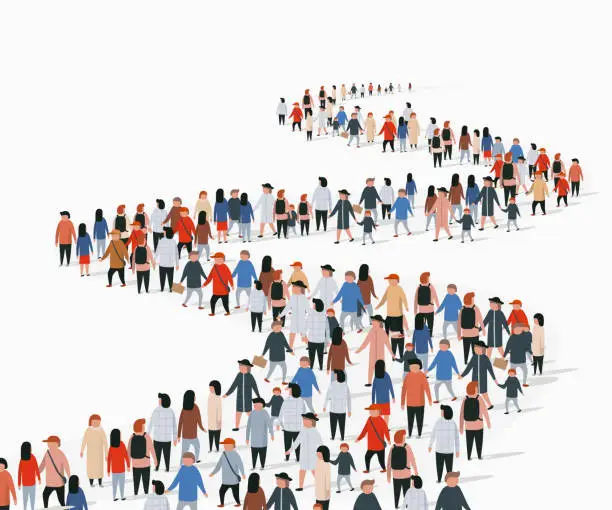 Vector illustration of Crowd of buisness people standing in a line. People crowd.