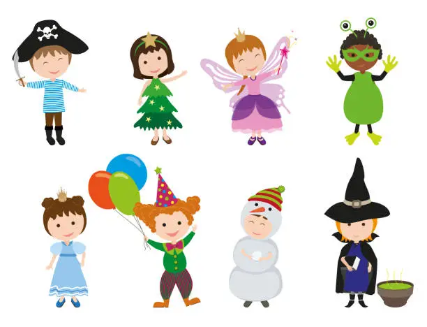 Vector illustration of Christmas party. Cute children in holiday costumes: Pirate, Christmas Tree, Fairy, Monster, Princess, Clown, Snowman, Witch.