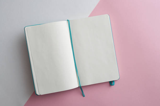 Minimalistic white and pink flat lay Minimalistic white and pink flat lay with blank notebook bullet journal photos stock pictures, royalty-free photos & images