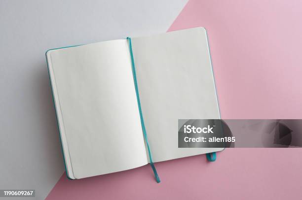 Minimalistic White And Pink Flat Lay Stock Photo - Download Image Now - Note Pad, Bullet Journal, Sketch Pad