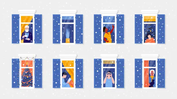 Vector illustration of People in window frames. Neighbors. Christmas. New year celebration. The facade of the house.
