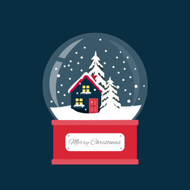 ilustrações de stock, clip art, desenhos animados e ícones de merry christmas snow globe with a small house and fir-tree under the snow. new year gift. - christmas tree snow fir tree isolated