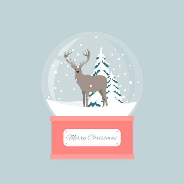 illustrazioni stock, clip art, cartoni animati e icone di tendenza di buon globo di neve di natale con un cervo sotto la neve. regalo di capodanno. - gift isolated brown white background