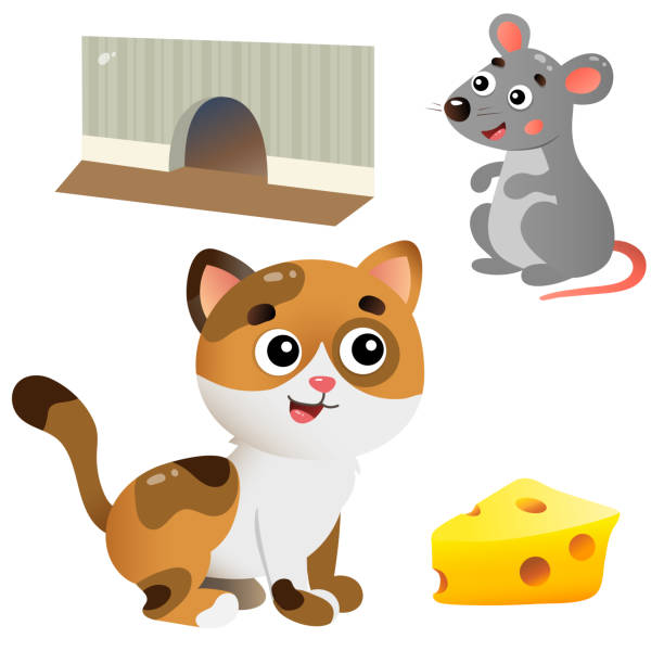 Color Images Of Cartoon Cat And Mouse With Cheese On White Background  Vector Illustration Set For Kids Stock Illustration - Download Image Now -  Istock
