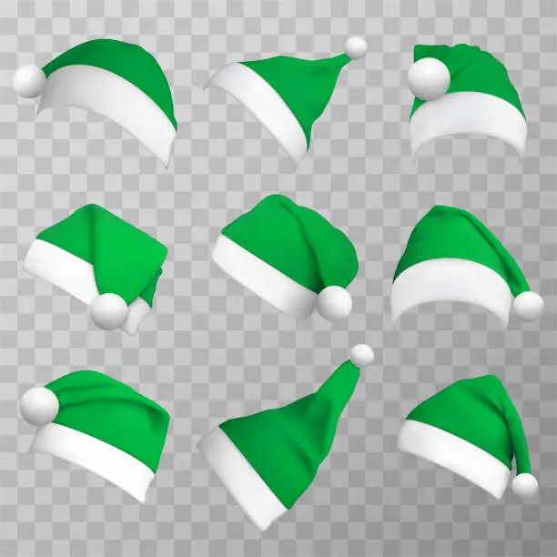 Vector illustration of Green christmas hats realistic vector illustrations set