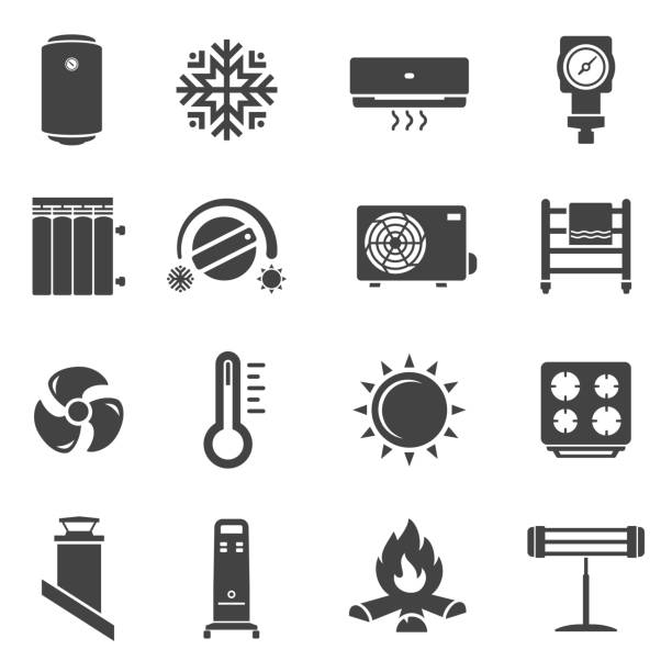 illustrazioni stock, clip art, cartoni animati e icone di tendenza di set di icone vettoriali glifo nero del sistema di riscaldamento - boiler heat equipment radiator