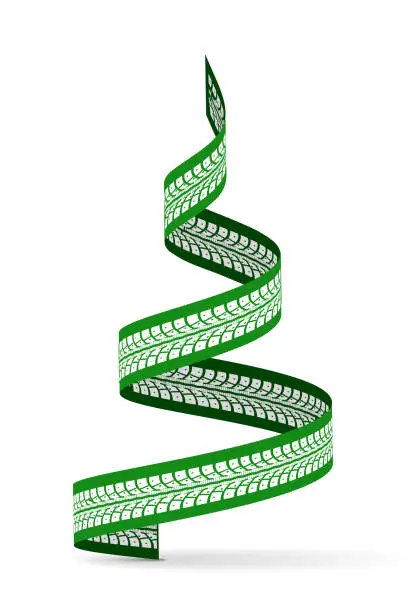 Vector illustration of New Year tree made of tire tracks twisted in a spiral shape. Vector 3d illustration on a white background.