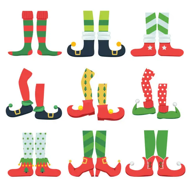 Vector illustration of Elf feet. Christmas fairytale character colorful stylish boots santa shoes and leggings vector cartoon set
