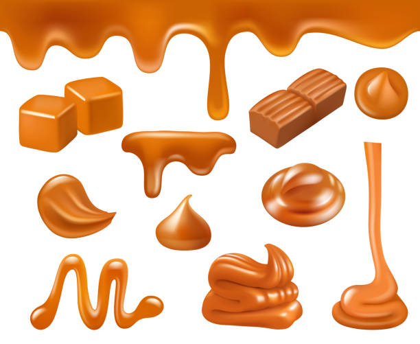 stockillustraties, clipart, cartoons en iconen met karamel realistisch. candy sweets vloeibare voedsel sauzen karamel druppels en spatten vector collectie - caramel