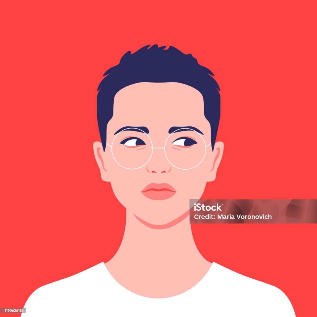 Portrait of a short-haired girl. Androgin looking with a sidelong glance. Diversity. Avatar. Portrait of a short-haired girl. Androgin looking with a sidelong glance. Diversity. Avatar for a social network. Student. Vector flat illustration Human Face stock vector