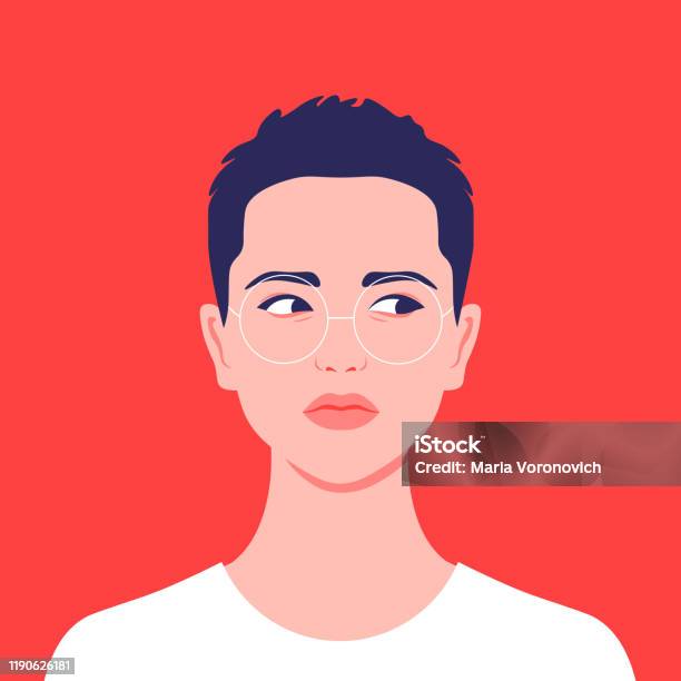 Portrait Of A Shorthaired Girl Androgin Looking with A sidelong glance Diversity Avatar Stock Illustration - Download Image Now