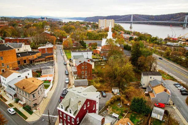 Aerial view of a town in the Hudson Valley