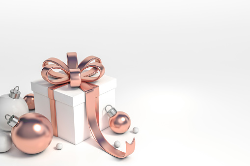 White gift box with rose gold ribbon and christmas ball ornaments decoration object group on white background 3d rendering. 3d illustration minimal, celebration christmas and new year sale concept.