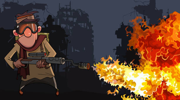 ilustrações de stock, clip art, desenhos animados e ícones de cartoon man with a flamethrower in the ruins of a post apocalypse - flamethrower