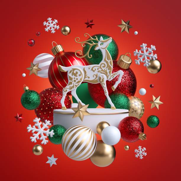 3d christmas ornaments isolated on red background. decorative reindeer standing on white pedestal surrounded with golden green glass balls. holiday poster. seasonal clip art. greeting card template - reindeer christmas decoration gold photography imagens e fotografias de stock