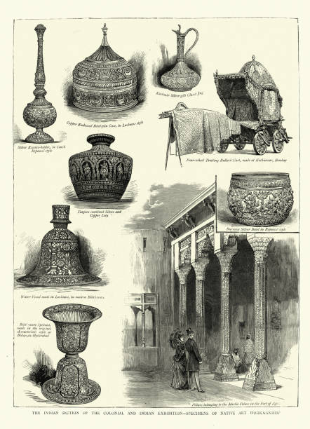 Vintage engraving of Examples of Indian art workmanship, 1886. The Colonial and Indian Exhibition of 1886 was a very substantial exhibition held in South Kensington in London. The exhibition was opened by Queen Victoria, and when it closed had received 5.5 million visitors.