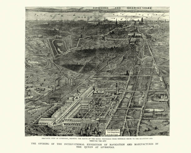 International Exhibition of Navigation, Commerce and Industry, Liverpool, 1886 Vintage engraving of Bird's-eye view of Liverpool showing the International Exhibition of Navigation, Commerce and Industry which was opened by Queen Victoria on 11 May 1886. The fair was held in Antwerp's exhibition hall which was transported for the exhibition and erected alongside Wavertree Botanic Gardens. river mersey northwest england stock illustrations