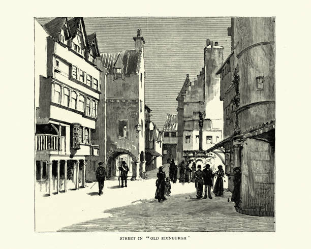 Vintage engraving of Street in Old Edinburgh, Scotland, 19th Century