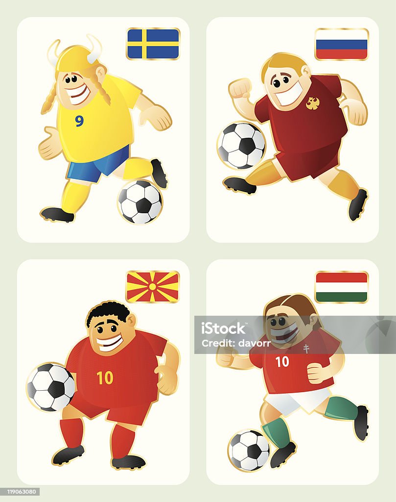 Satz von Fußball-Maskottchen Illustrationen SWE RUS MAC HUN - Lizenzfrei Bewegung Vektorgrafik