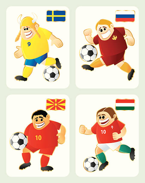 ilustrações, clipart, desenhos animados e ícones de conjunto de futebol mascote ilustrações swe rus mac hun - soccer ball running sports uniform red