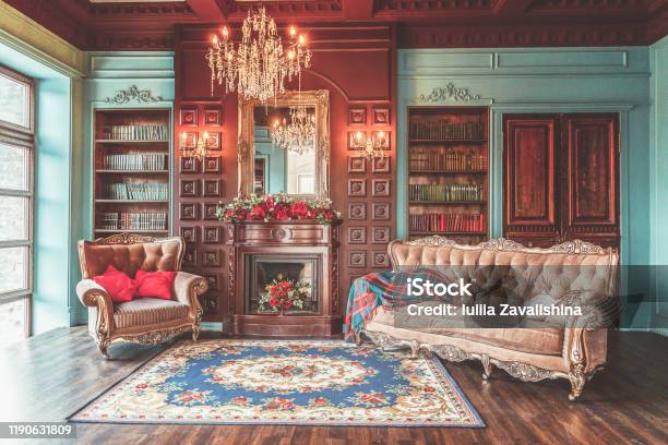 Luxury Classic Interior Of Home Library Sitting Room With Bookshelf Books Arm Chair Sofa And Fireplace Stock Photo - Download Image Now