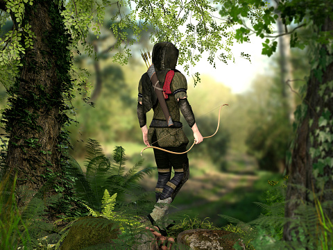 A hooded hunter with bow and arrows walks through a deep forest, 3d render elements