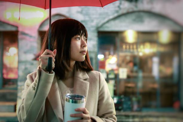 porträt der jungen asiaten frau unter regen in der nachtstadt - parasol umbrella asian ethnicity asian culture stock-fotos und bilder