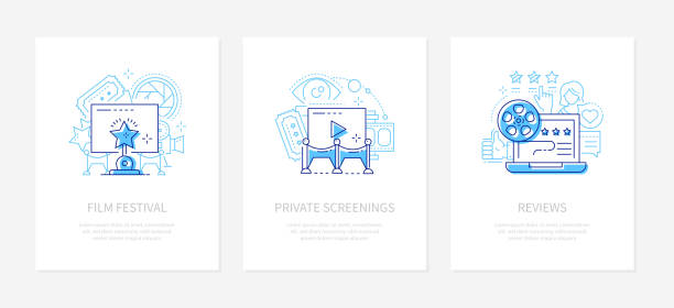 ilustrações, clipart, desenhos animados e ícones de conceito do cinema - bandeiras do estilo do projeto da linha do vetor - private cinema